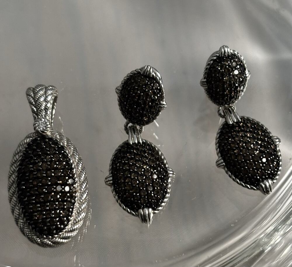 JUDITH RIPKA Sterling Silver/Pave Black Spinel Pendant + Drop Omega Earrings SET